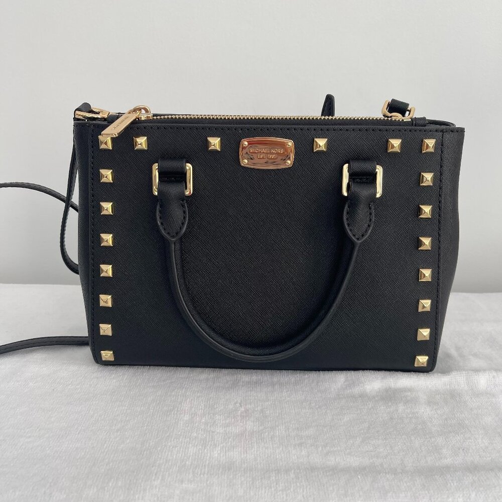 Michael Kors Black Crossbody Satchel with Gold Studs